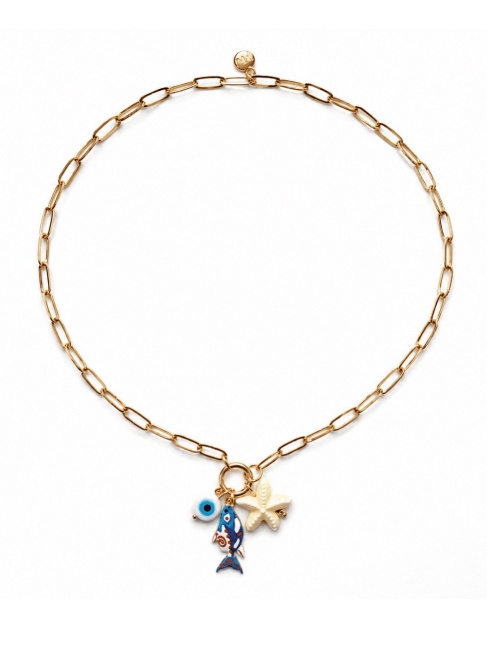 Gold Link Necklace with Blue Fish, Starfish & Evil Eye Charms by Mayamar